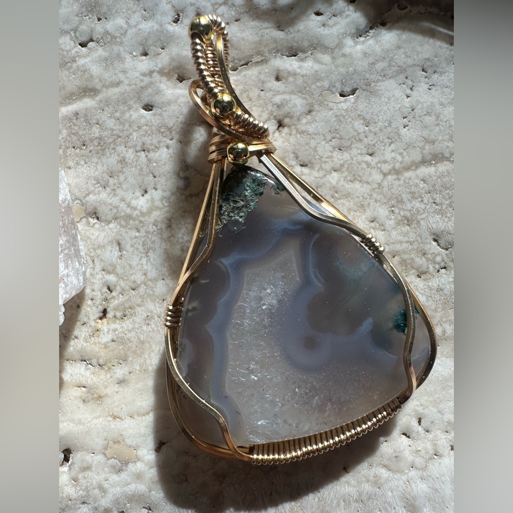 Tarnish Resistant Gold Grounding Copper Moss Agate Necklace Pendant